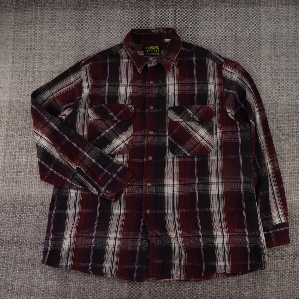 Private Property Flannel Shirt Mens 2XL Tall Burgundy Plaid USA Made Vintage